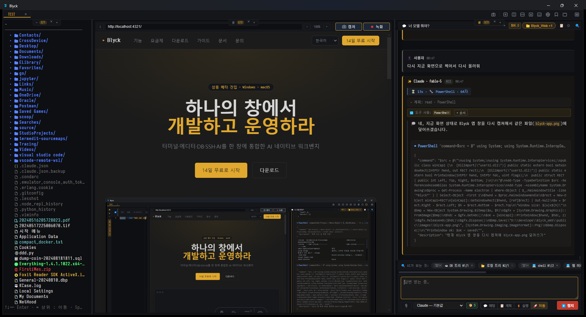 Blyck 앱 화면 — 웹 미리보기·에디터·AI 채팅을 한 창에서